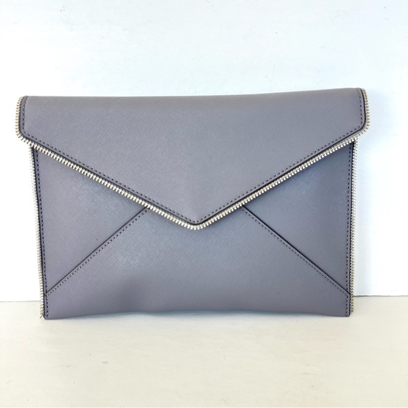 REBECCA MINKOFF Leo Gray Safiano Structure Leather Zipper Accent Envelope Clutch - Picture 3 of 16